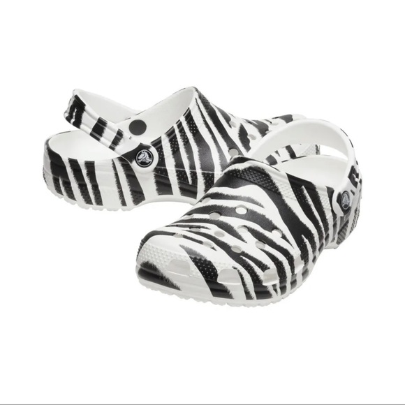 Women Size Crocs Classic Zebra Animal Print Clog Slip On Slide Sandal 206676-1DE - Picture 1 of 5
